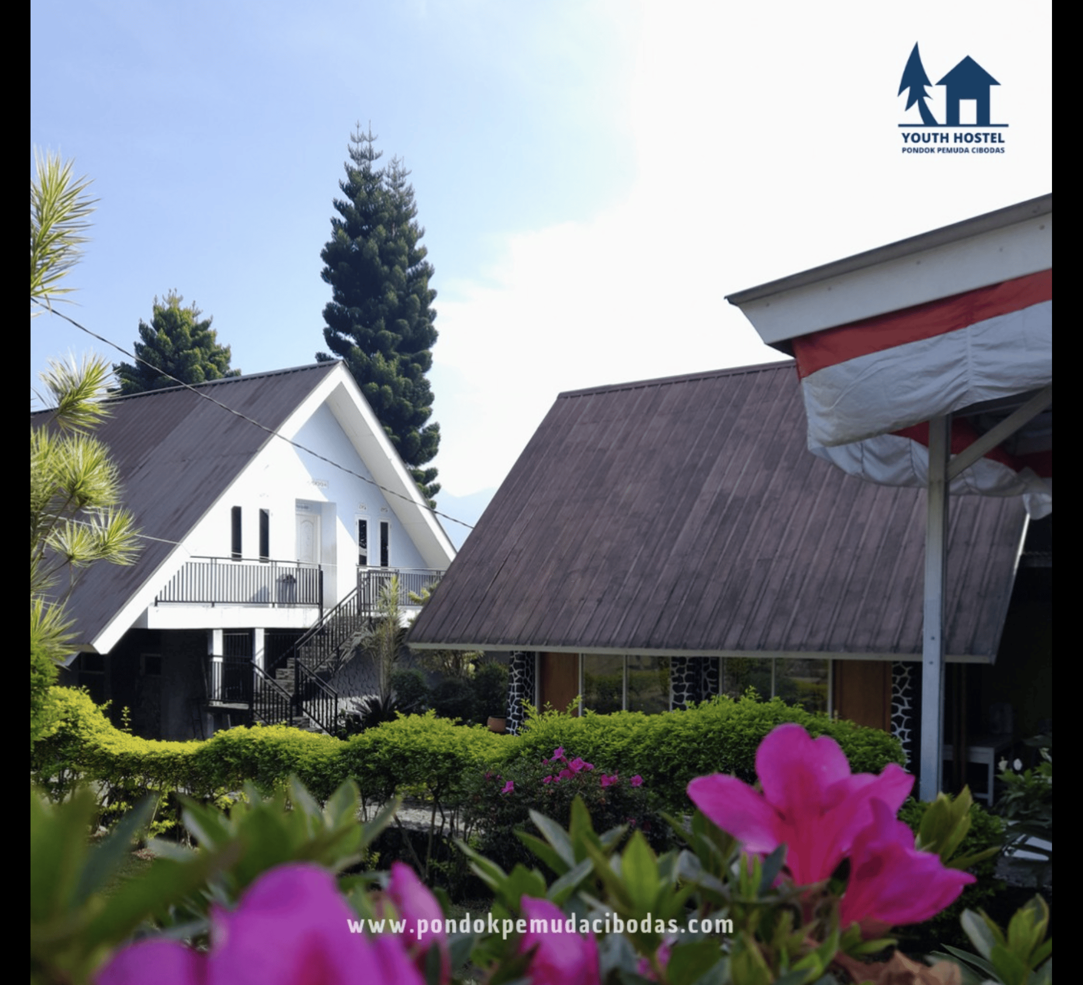 Modern luxury hotel building with glass facade surrounded by palm trees and water features